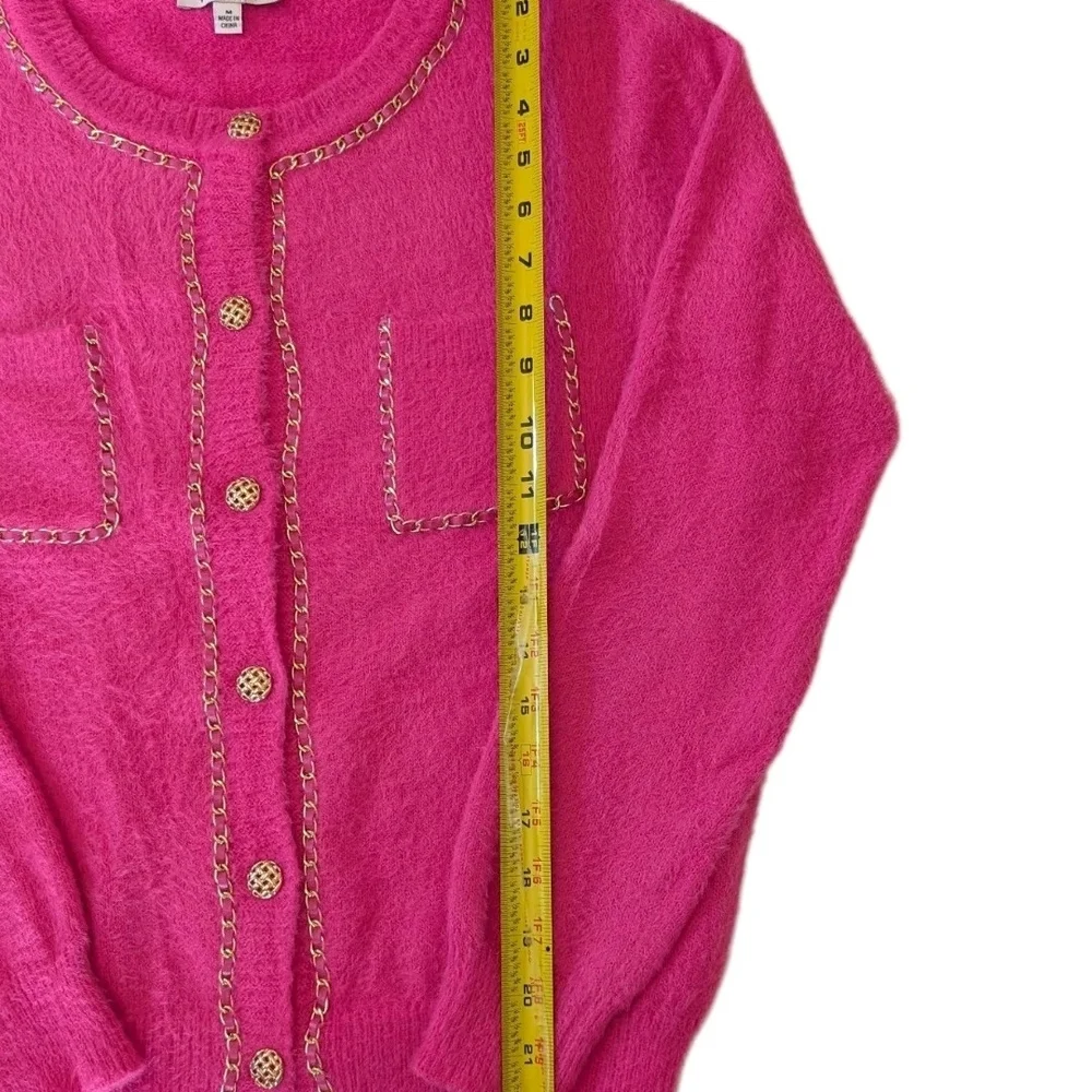 Nanette Lepore Pink Fuzzy Cardigan Medium ‎ Gold Chain Trim/Buttons Real Pockets